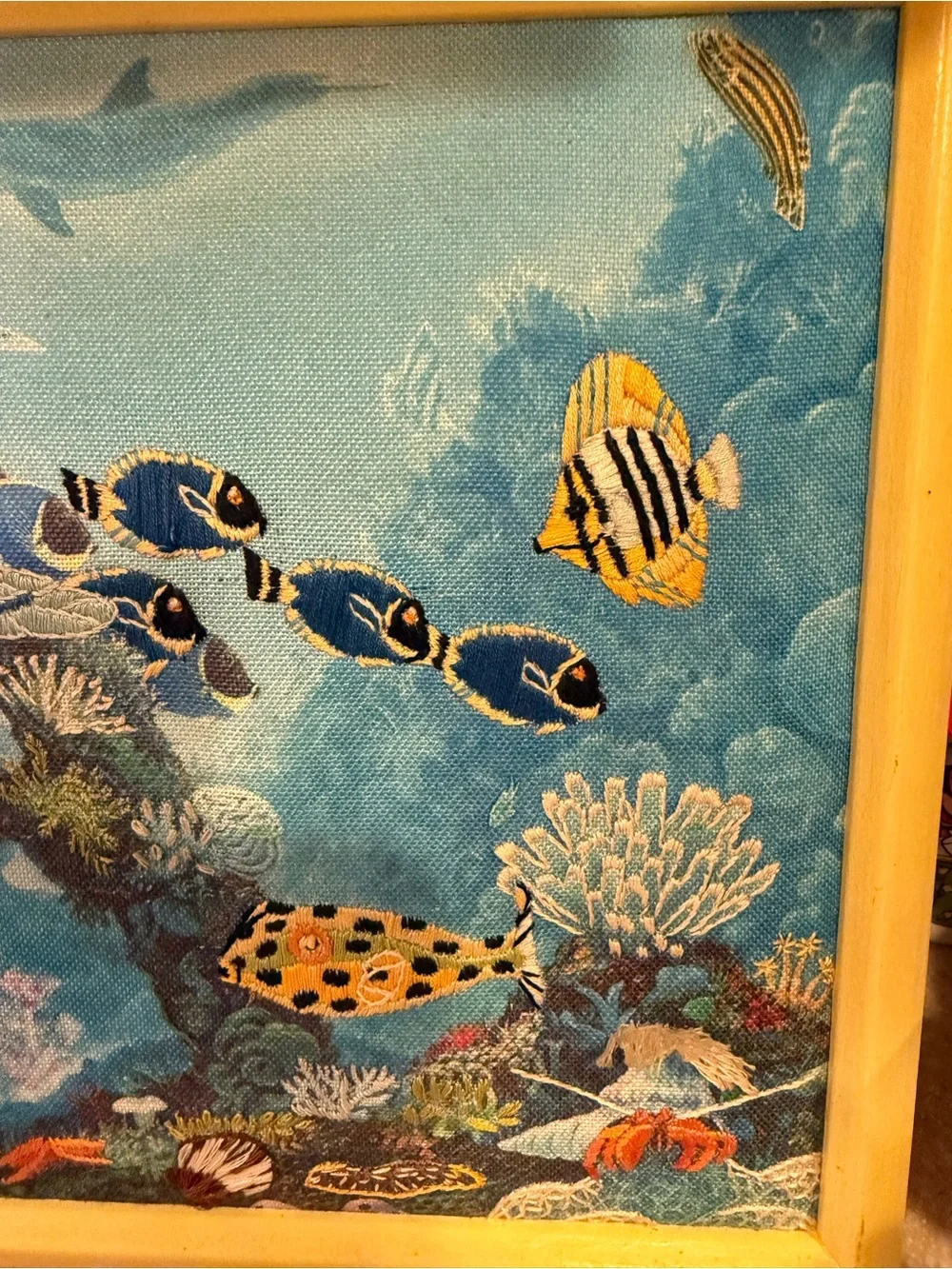 Unique Tropical Fish Reef Needle Point Embroidered Wall Art in Blue and Yellow